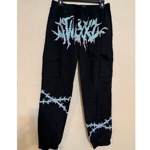 SWIXXZ windbreaker track pants Women's Medium Black Barbwire cargo GOTH Graphic